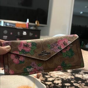 Coach Brown Wallet with Pink and Green Floral Design